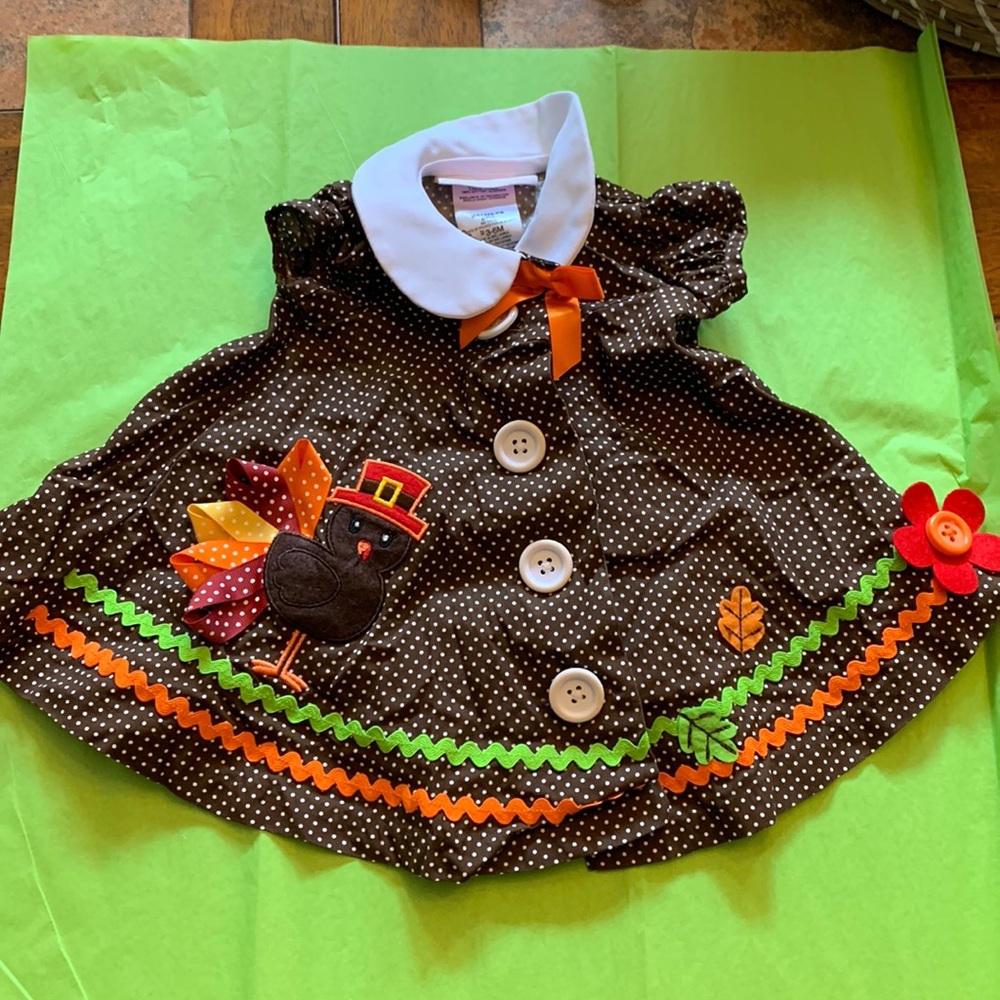 Bonnie Baby Brown Polka Dot Dress with Turkey Appliqué